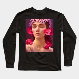 Sad Flower Girl - Portrait Young Woman Adorned with Flowers Long Sleeve T-Shirt